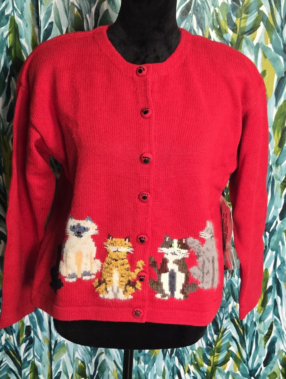 NWT Vintage Design Options Red Cat Cardigan Novelty Knit